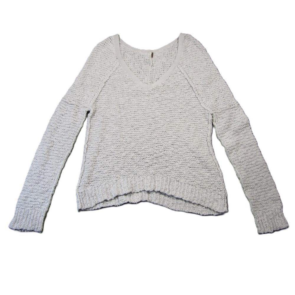 Free People Songbird V-Neck Boucle Sweater S Ivory Textured Open Knit Boho Indie